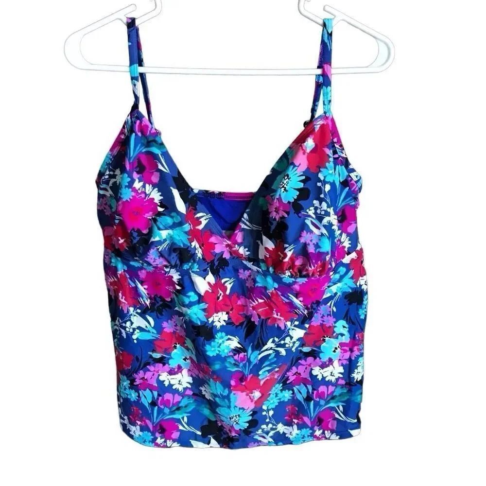 Catalina 2X Tankini Top Adj Straps removable Padded blue floral Print